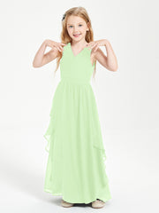 Boho Sleeveless Chiffon Junior Bridesmaid Dresses V-neck Sage