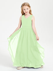 Boho Sleeveless Chiffon Junior Bridesmaid Dresses V-neck Sage