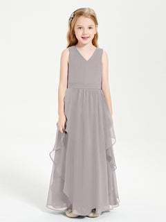 Boho Sleeveless Chiffon Junior Bridesmaid Dresses V-neck Silver