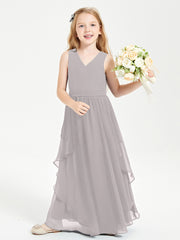 Boho Sleeveless Chiffon Junior Bridesmaid Dresses V-neck Silver