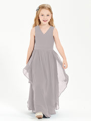 Boho Sleeveless Chiffon Junior Bridesmaid Dresses V-neck Silver