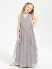 Boho Sleeveless Chiffon Junior Bridesmaid Dresses V-neck Silver