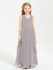 Boho Sleeveless Chiffon Junior Bridesmaid Dresses V-neck Silver