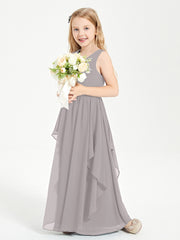 Boho Sleeveless Chiffon Junior Bridesmaid Dresses V-neck Silver