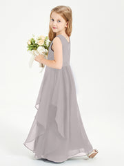 Boho Sleeveless Chiffon Junior Bridesmaid Dresses V-neck Silver