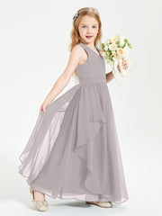 Boho Sleeveless Chiffon Junior Bridesmaid Dresses V-neck Silver