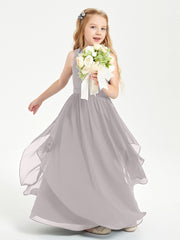 Boho Sleeveless Chiffon Junior Bridesmaid Dresses V-neck Silver