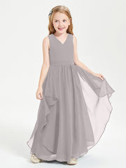 Boho Sleeveless Chiffon Junior Bridesmaid Dresses V-neck Silver