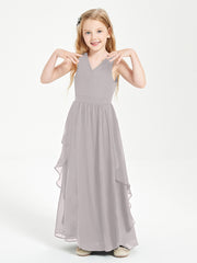 Boho Sleeveless Chiffon Junior Bridesmaid Dresses V-neck Silver