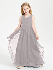 Boho Sleeveless Chiffon Junior Bridesmaid Dresses V-neck Silver