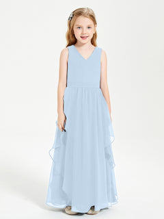 Boho Sleeveless Chiffon Junior Bridesmaid Dresses V-neck Sky Blue