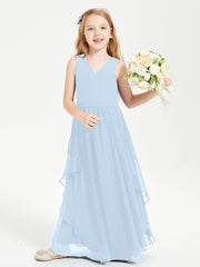 Boho Sleeveless Chiffon Junior Bridesmaid Dresses V-neck Sky Blue