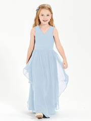 Boho Sleeveless Chiffon Junior Bridesmaid Dresses V-neck Sky Blue
