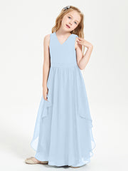 Boho Sleeveless Chiffon Junior Bridesmaid Dresses V-neck Sky Blue