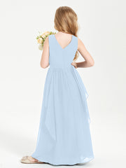 Boho Sleeveless Chiffon Junior Bridesmaid Dresses V-neck Sky Blue