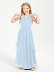 Boho Sleeveless Chiffon Junior Bridesmaid Dresses V-neck Sky Blue