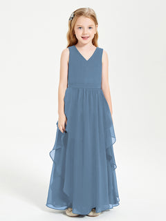 Boho Sleeveless Chiffon Junior Bridesmaid Dresses V-neck Slate Blue