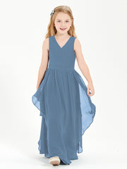 Boho Sleeveless Chiffon Junior Bridesmaid Dresses V-neck Slate Blue
