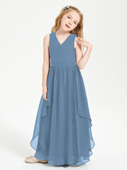 Boho Sleeveless Chiffon Junior Bridesmaid Dresses V-neck Slate Blue