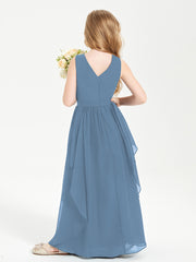 Boho Sleeveless Chiffon Junior Bridesmaid Dresses V-neck Slate Blue