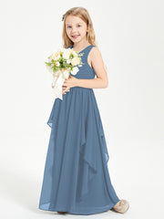Boho Sleeveless Chiffon Junior Bridesmaid Dresses V-neck Slate Blue