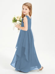 Boho Sleeveless Chiffon Junior Bridesmaid Dresses V-neck Slate Blue