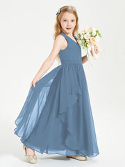 Boho Sleeveless Chiffon Junior Bridesmaid Dresses V-neck Slate Blue