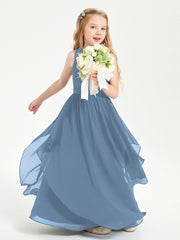 Boho Sleeveless Chiffon Junior Bridesmaid Dresses V-neck Slate Blue