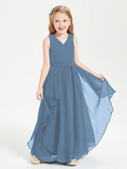 Boho Sleeveless Chiffon Junior Bridesmaid Dresses V-neck Slate Blue