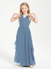 Boho Sleeveless Chiffon Junior Bridesmaid Dresses V-neck Slate Blue