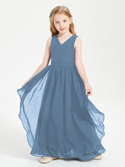 Boho Sleeveless Chiffon Junior Bridesmaid Dresses V-neck Slate Blue