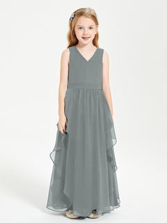 Boho Sleeveless Chiffon Junior Bridesmaid Dresses V-neck Steel Grey