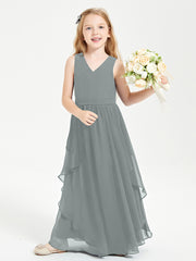 Boho Sleeveless Chiffon Junior Bridesmaid Dresses V-neck Steel Grey