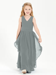 Boho Sleeveless Chiffon Junior Bridesmaid Dresses V-neck Steel Grey