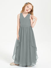 Boho Sleeveless Chiffon Junior Bridesmaid Dresses V-neck Steel Grey