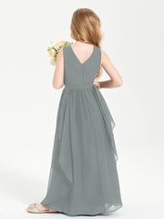 Boho Sleeveless Chiffon Junior Bridesmaid Dresses V-neck Steel Grey