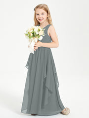 Boho Sleeveless Chiffon Junior Bridesmaid Dresses V-neck Steel Grey