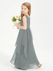 Boho Sleeveless Chiffon Junior Bridesmaid Dresses V-neck Steel Grey