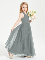 Boho Sleeveless Chiffon Junior Bridesmaid Dresses V-neck Steel Grey