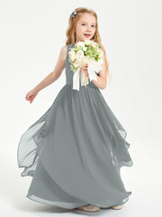 Boho Sleeveless Chiffon Junior Bridesmaid Dresses V-neck Steel Grey