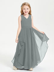 Boho Sleeveless Chiffon Junior Bridesmaid Dresses V-neck Steel Grey
