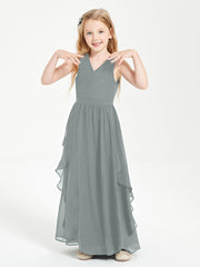 Boho Sleeveless Chiffon Junior Bridesmaid Dresses V-neck Steel Grey