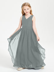 Boho Sleeveless Chiffon Junior Bridesmaid Dresses V-neck Steel Grey