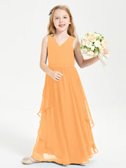 Boho Sleeveless Chiffon Junior Bridesmaid Dresses V-neck Tangerine