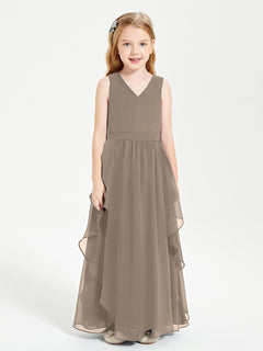 Boho Sleeveless Chiffon Junior Bridesmaid Dresses V-neck Taupe