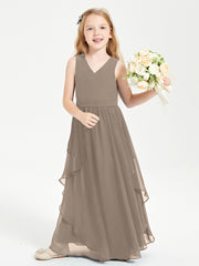 Boho Sleeveless Chiffon Junior Bridesmaid Dresses V-neck Taupe