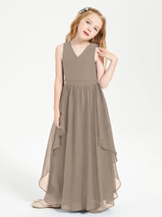 Boho Sleeveless Chiffon Junior Bridesmaid Dresses V-neck Taupe