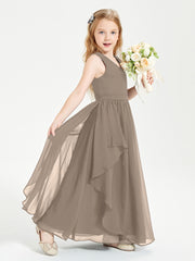 Boho Sleeveless Chiffon Junior Bridesmaid Dresses V-neck Taupe