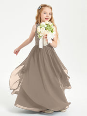 Boho Sleeveless Chiffon Junior Bridesmaid Dresses V-neck Taupe