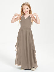 Boho Sleeveless Chiffon Junior Bridesmaid Dresses V-neck Taupe